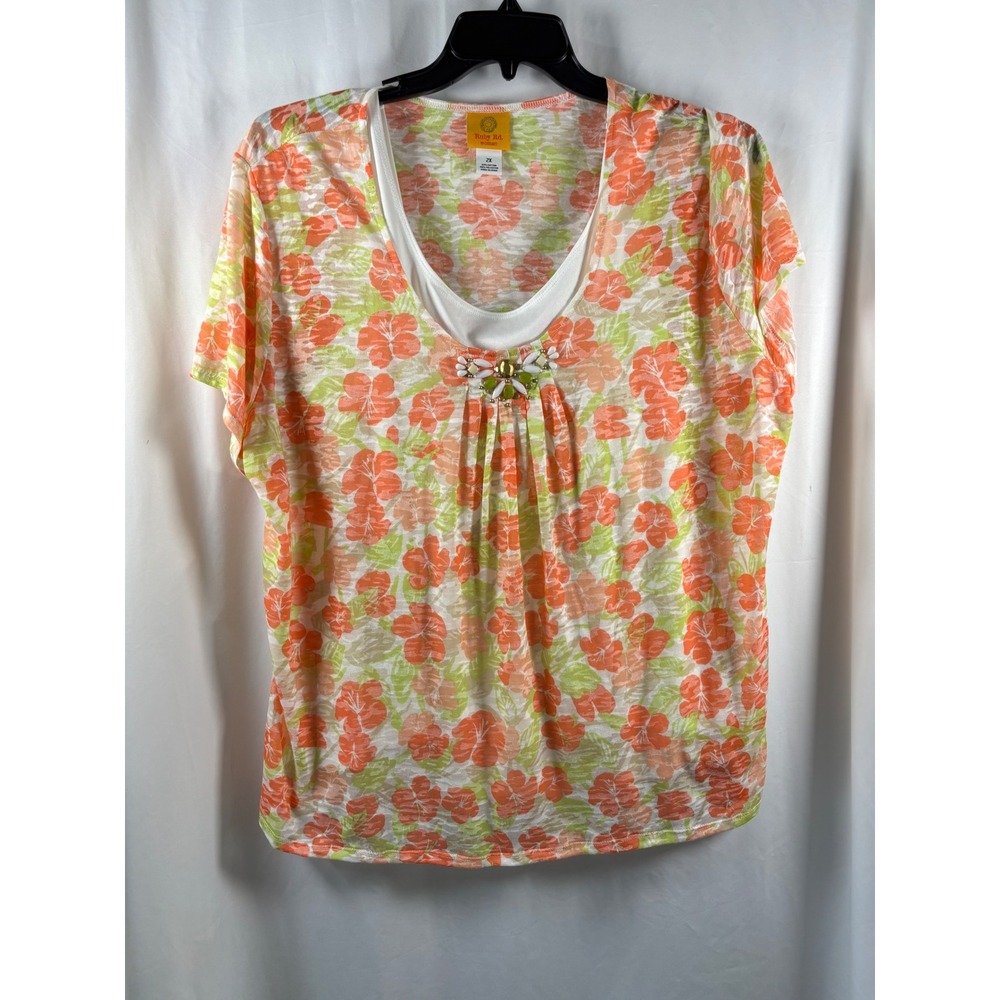 Ruby Rd Woman Plus 2X‎ Orange Hibiscus Floral Burnout Embellished Layered Top